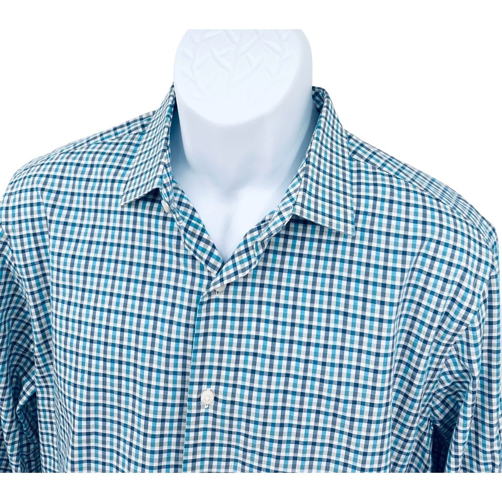 BEN SHERMAN Tailored Skinny Fit Blue Plaid Long Sleeve Dress Shirt Mens 16 34-35